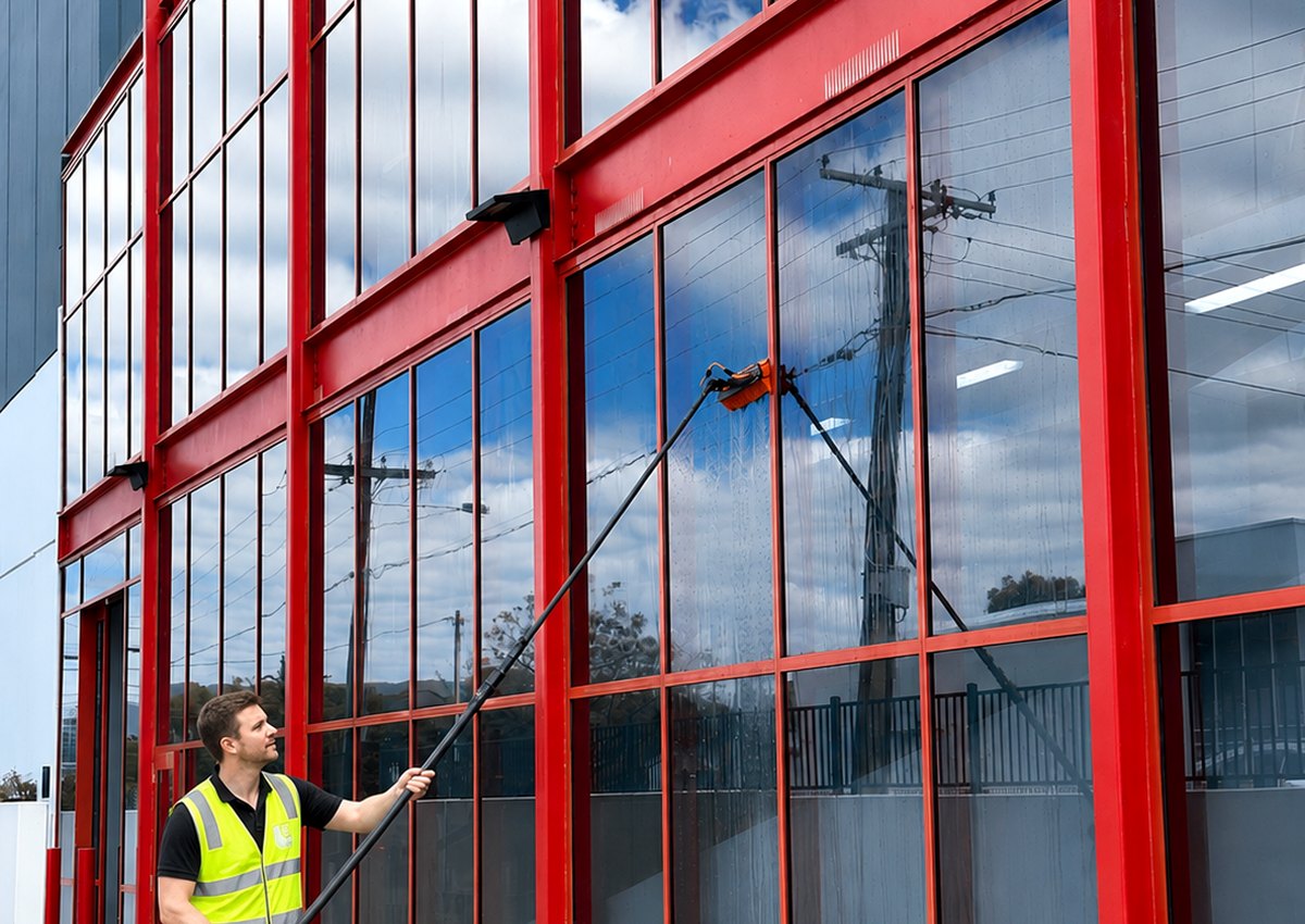 Commercial window cleaning using a water-fed pole on a large glass building