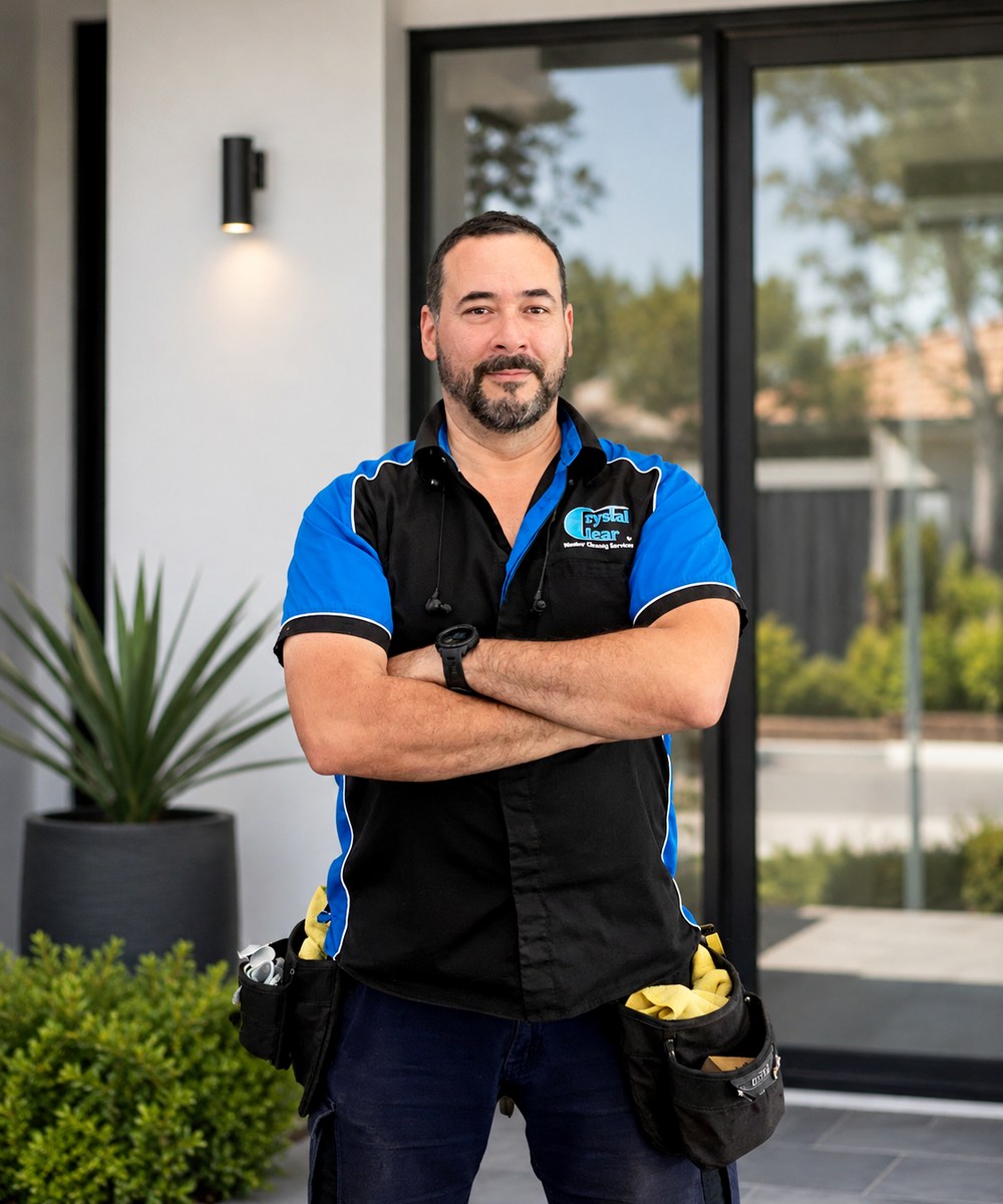 Crystal Clear owner in uniform outside a modern home